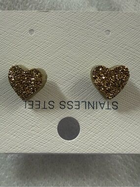 Gold Glitter Heart Stud Earrings - Stainless Steel